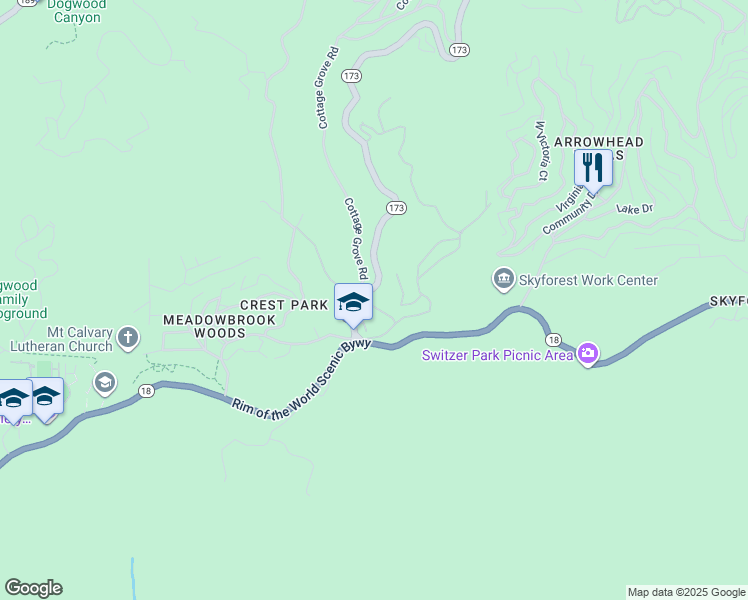 map of restaurants, bars, coffee shops, grocery stores, and more near 27868 Holly Lane in Lake Arrowhead