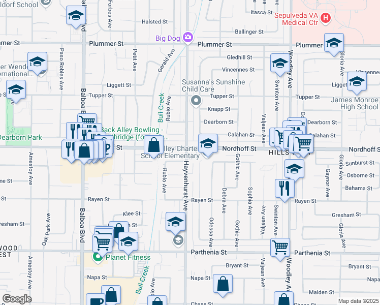 map of restaurants, bars, coffee shops, grocery stores, and more near 9062 Hayvenhurst Avenue in Los Angeles