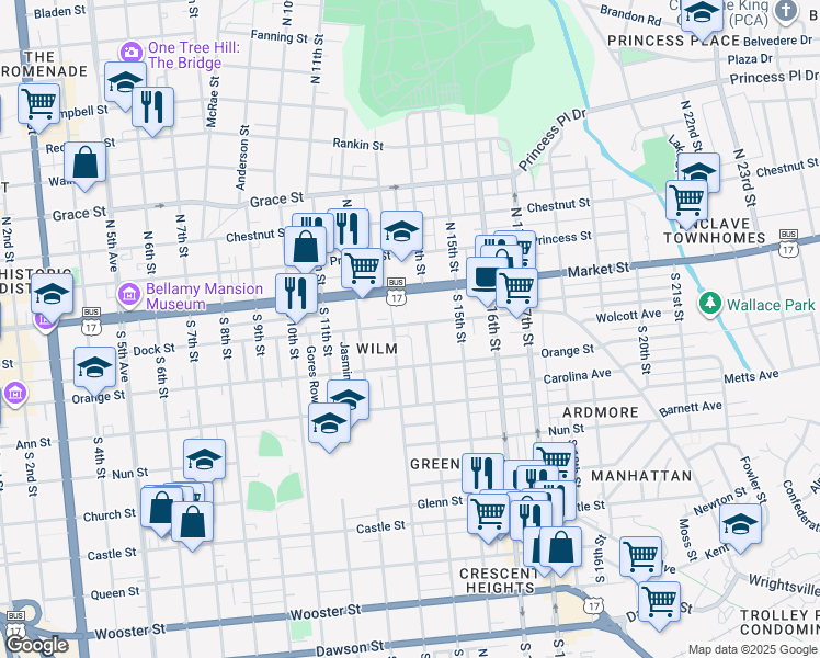 map of restaurants, bars, coffee shops, grocery stores, and more near 1312 Dock Street in Wilmington