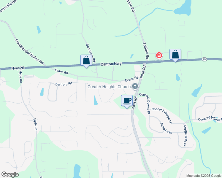 map of restaurants, bars, coffee shops, grocery stores, and more near 4450 Idlewood Drive in Cumming