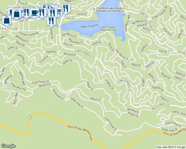 map of restaurants, bars, coffee shops, grocery stores, and more near Lausanne Drive in Crestline
