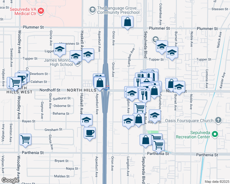 map of restaurants, bars, coffee shops, grocery stores, and more near 15555 Nordhoff Street in Los Angeles