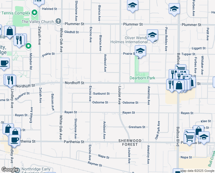 map of restaurants, bars, coffee shops, grocery stores, and more near 17417 Nordhoff Street in Los Angeles