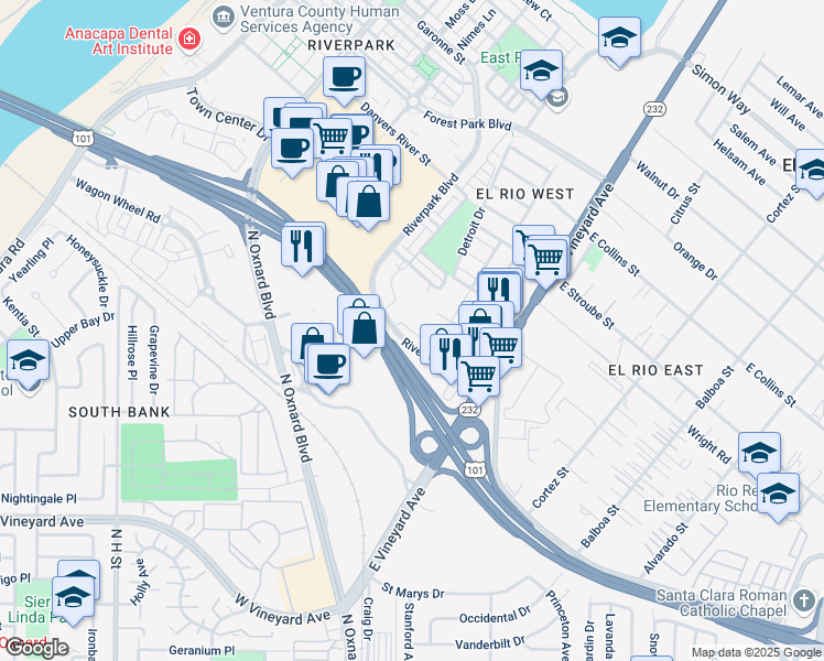 map of restaurants, bars, coffee shops, grocery stores, and more near 313 Riverpark Boulevard in Oxnard