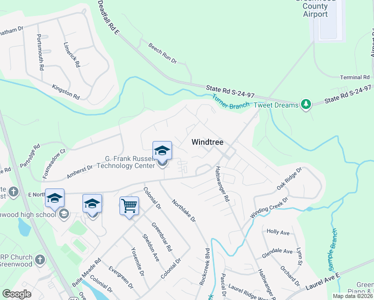 map of restaurants, bars, coffee shops, grocery stores, and more near 113 Windtree Court in Greenwood