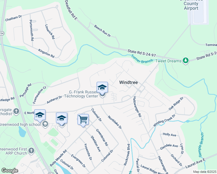 map of restaurants, bars, coffee shops, grocery stores, and more near 118 Windtree Court in Greenwood