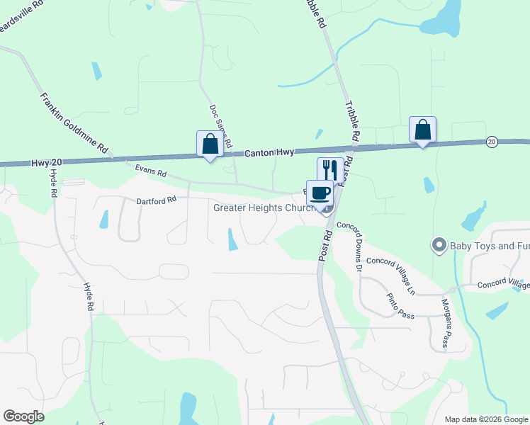 map of restaurants, bars, coffee shops, grocery stores, and more near 4425 Idlewood Drive in Cumming