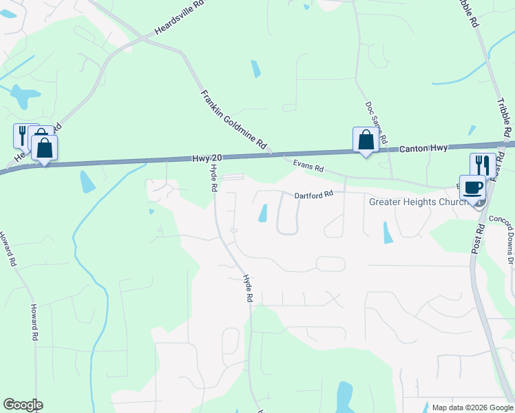 map of restaurants, bars, coffee shops, grocery stores, and more near 4585 Dartford Road in Cumming