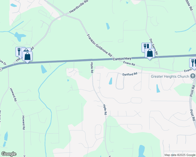 map of restaurants, bars, coffee shops, grocery stores, and more near 4360 Carver Court in Cumming