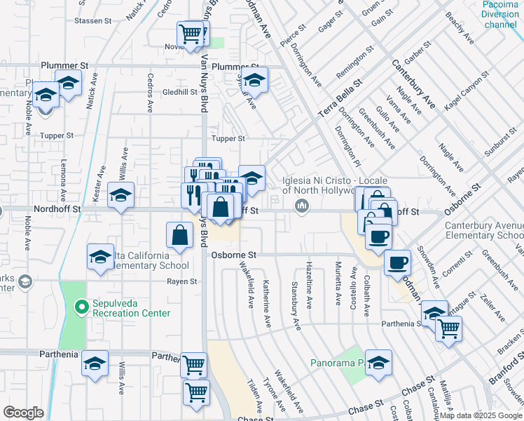 map of restaurants, bars, coffee shops, grocery stores, and more near 9110 North Nilo Lane in Los Angeles
