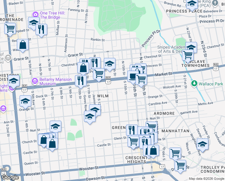 map of restaurants, bars, coffee shops, grocery stores, and more near 17 South 13th Street in Wilmington