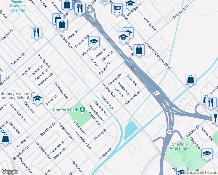 map of restaurants, bars, coffee shops, grocery stores, and more near 13140 Ottoman Street in Los Angeles