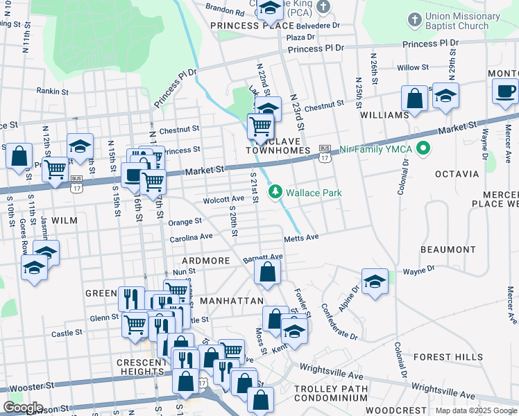 map of restaurants, bars, coffee shops, grocery stores, and more near 2101 Pender Avenue in Wilmington