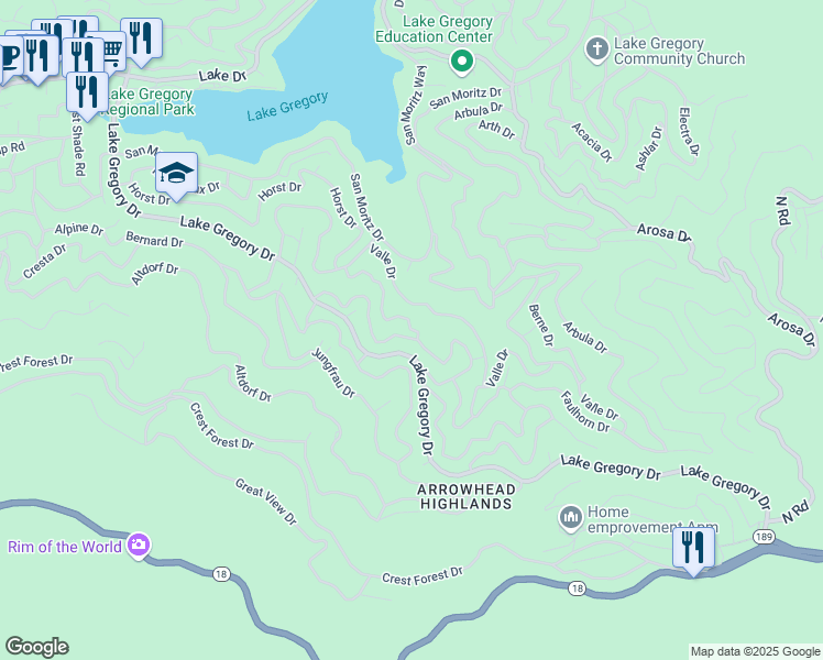 map of restaurants, bars, coffee shops, grocery stores, and more near Nesthorn Drive in Crestline