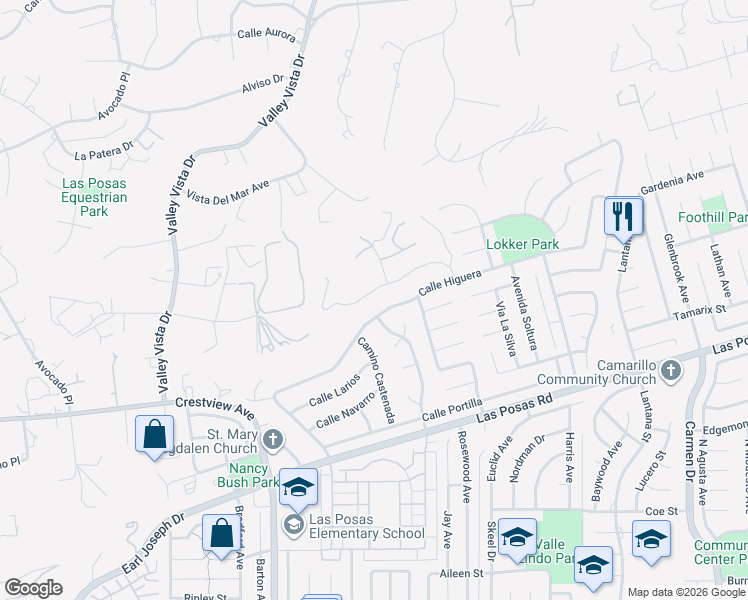 map of restaurants, bars, coffee shops, grocery stores, and more near 308 Calle Converse in Camarillo
