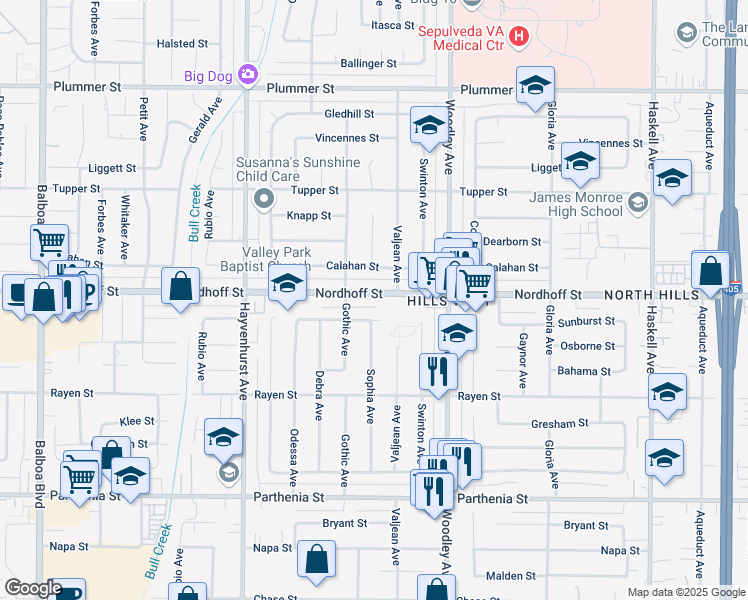 map of restaurants, bars, coffee shops, grocery stores, and more near 16328 Nordhoff Street in Los Angeles