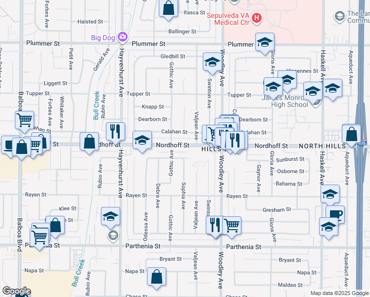 map of restaurants, bars, coffee shops, grocery stores, and more near 16328 Nordhoff Street in Los Angeles