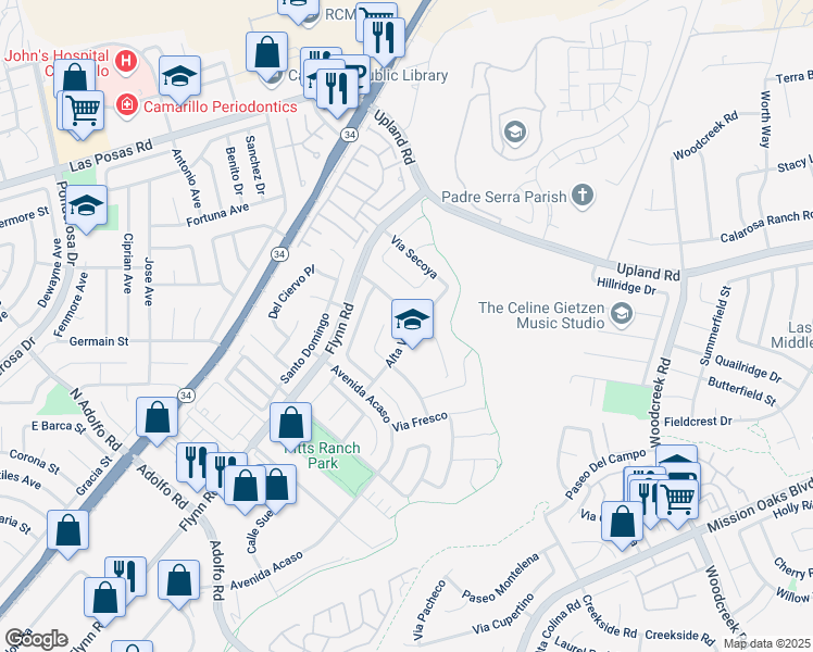 map of restaurants, bars, coffee shops, grocery stores, and more near 1631 Alta Vista Place in Camarillo