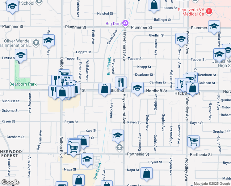 map of restaurants, bars, coffee shops, grocery stores, and more near 16632 Nordhoff Street in Los Angeles
