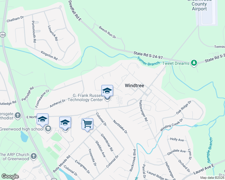 map of restaurants, bars, coffee shops, grocery stores, and more near 118 Windtree Court in Greenwood