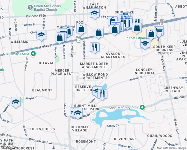 map of restaurants, bars, coffee shops, grocery stores, and more near 3513 Frog Pond Place in Wilmington