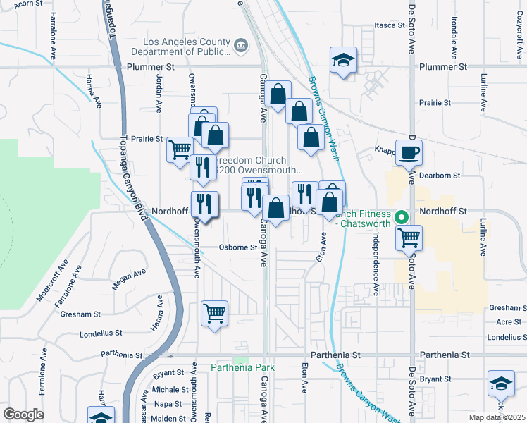 map of restaurants, bars, coffee shops, grocery stores, and more near 21408 Nordhoff Street in Los Angeles