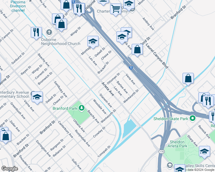 map of restaurants, bars, coffee shops, grocery stores, and more near 13140 Ottoman Street in Los Angeles