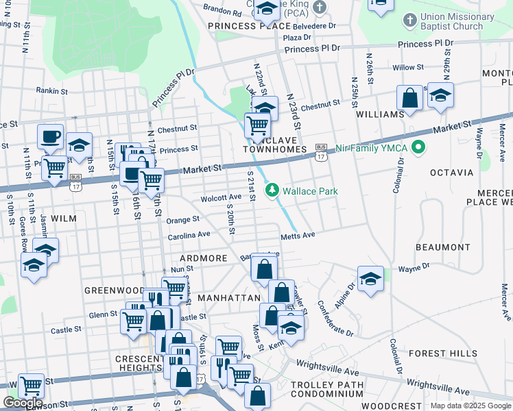 map of restaurants, bars, coffee shops, grocery stores, and more near 2101 Pender Avenue in Wilmington