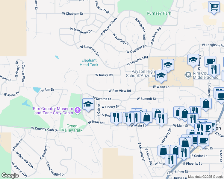 map of restaurants, bars, coffee shops, grocery stores, and more near 914 West Rim View Road in Payson