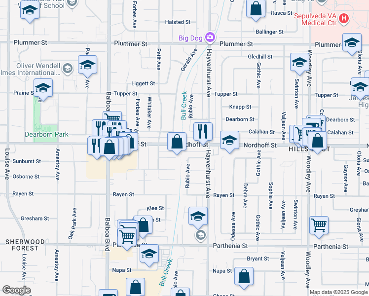 map of restaurants, bars, coffee shops, grocery stores, and more near 16645 Nordhoff Street in Los Angeles