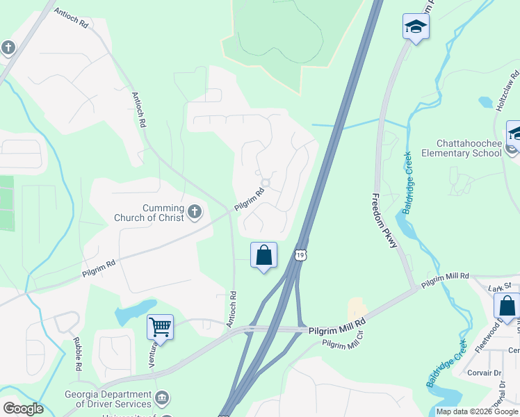 map of restaurants, bars, coffee shops, grocery stores, and more near 2515 Mayfair Drive in Cumming