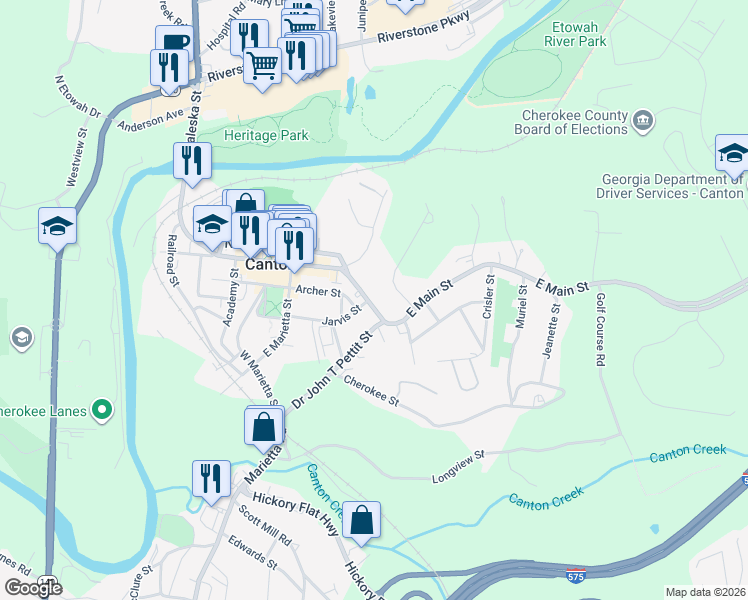 map of restaurants, bars, coffee shops, grocery stores, and more near 506 East Main Street in Canton