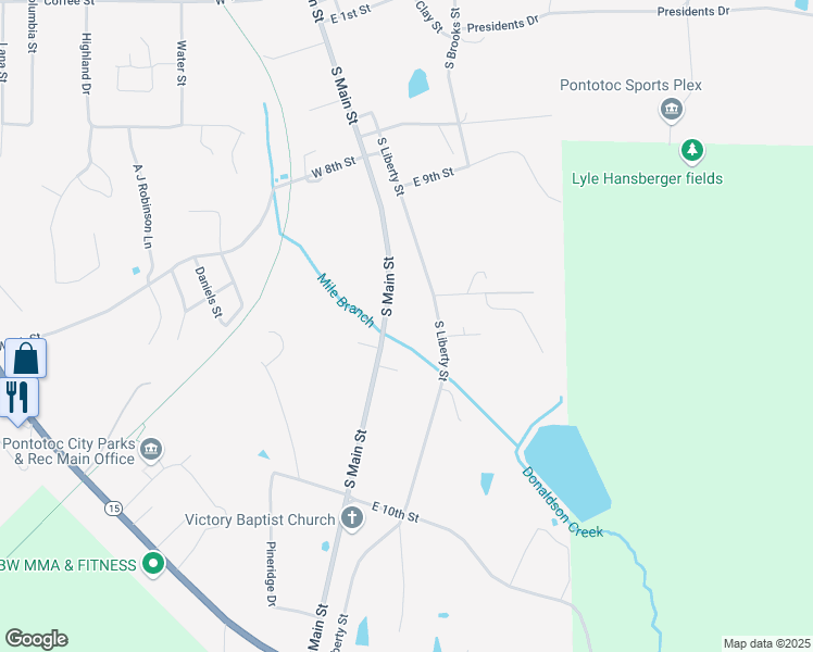 map of restaurants, bars, coffee shops, grocery stores, and more near 280 South Main Street in Pontotoc