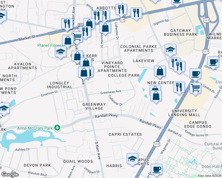 map of restaurants, bars, coffee shops, grocery stores, and more near 218 Cedar Branch Lane in Wilmington