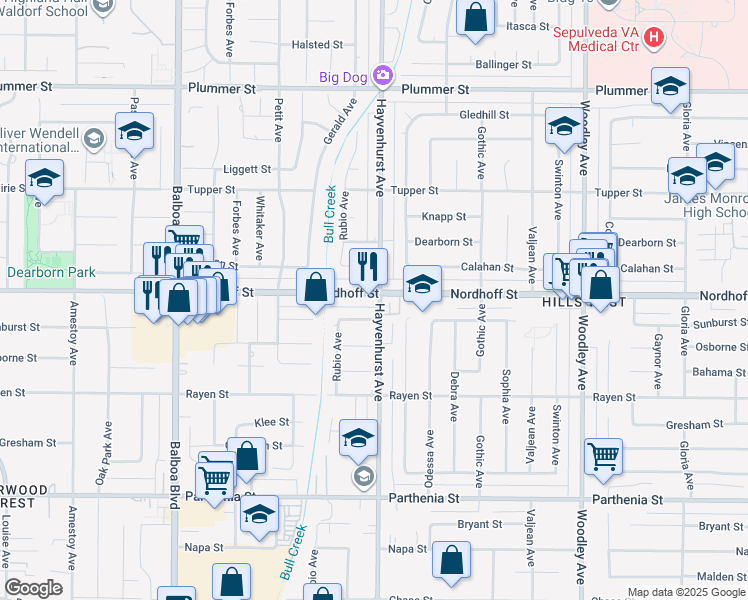 map of restaurants, bars, coffee shops, grocery stores, and more near 16600 Nordhoff Street in Los Angeles