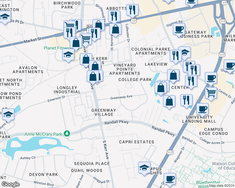 map of restaurants, bars, coffee shops, grocery stores, and more near 205 Cedar Branch Lane in Wilmington