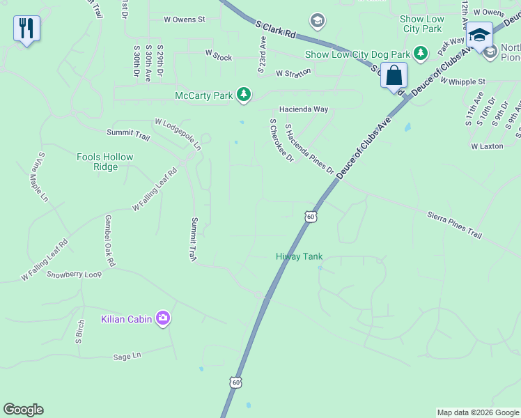 map of restaurants, bars, coffee shops, grocery stores, and more near 2300 West Torre Lake in Show Low