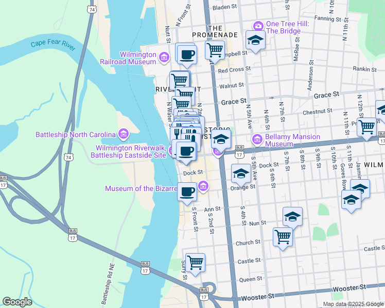 map of restaurants, bars, coffee shops, grocery stores, and more near in Wilmington