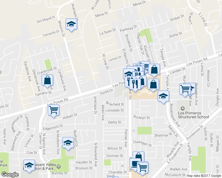 map of restaurants, bars, coffee shops, grocery stores, and more near 2145 Las Posas Road in Camarillo