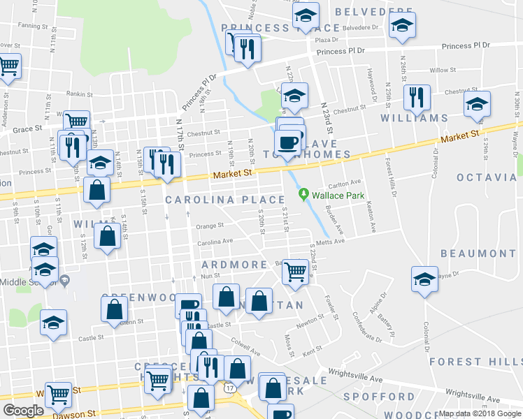 map of restaurants, bars, coffee shops, grocery stores, and more near 175 South 20th Street in Wilmington