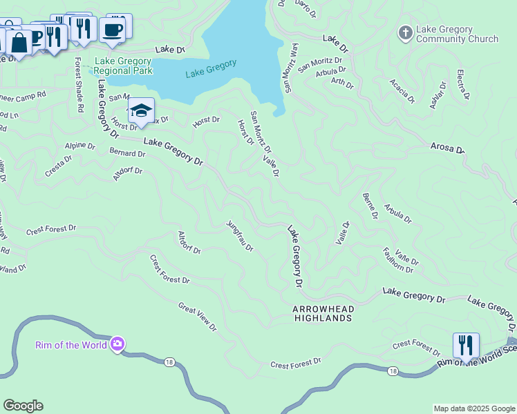 map of restaurants, bars, coffee shops, grocery stores, and more near 24571 Geneva Drive in Crestline