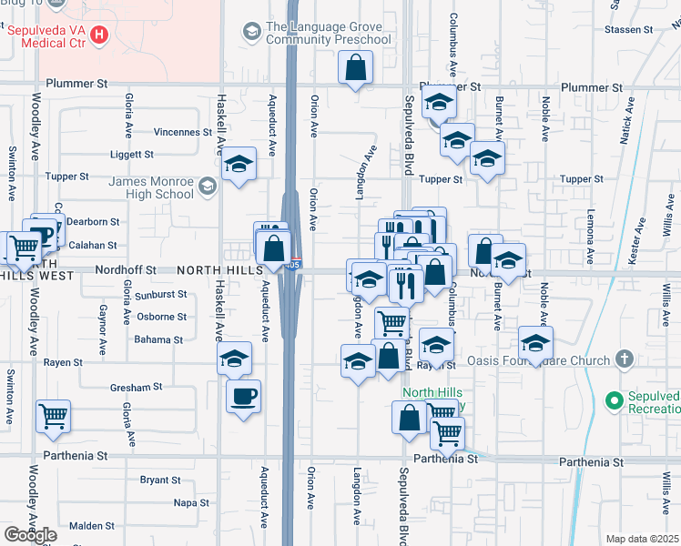 map of restaurants, bars, coffee shops, grocery stores, and more near 15505 Nordhoff Street in Los Angeles