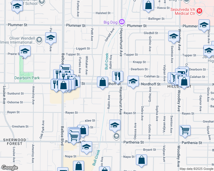 map of restaurants, bars, coffee shops, grocery stores, and more near 16645 Nordhoff Street in Los Angeles