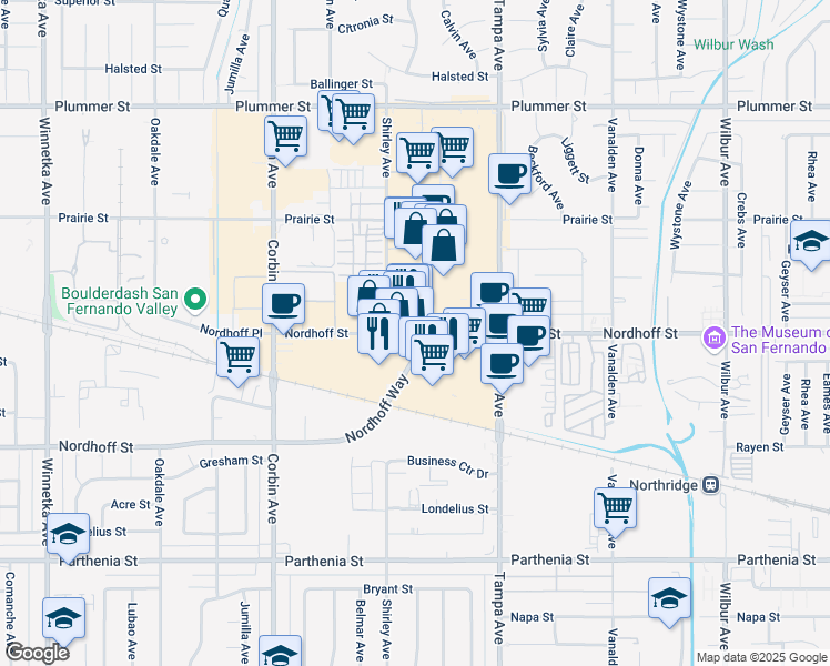 map of restaurants, bars, coffee shops, grocery stores, and more near 1000 Nordhoff Street in Los Angeles