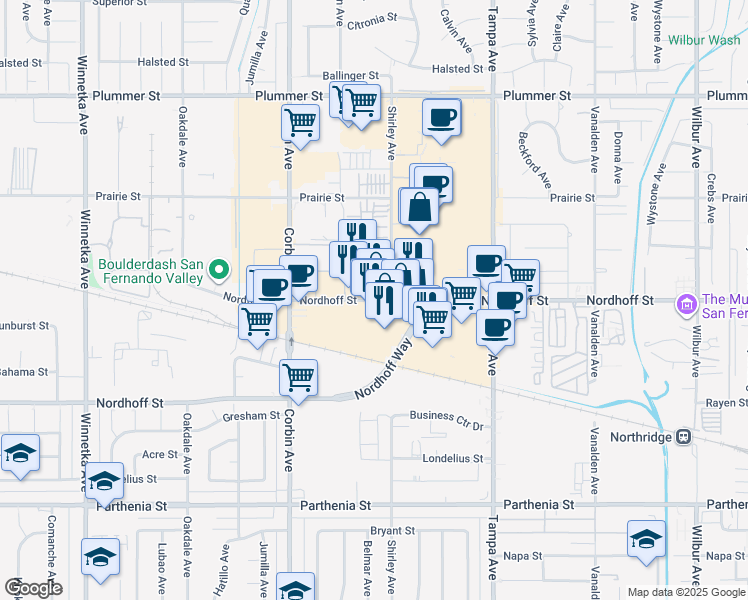 map of restaurants, bars, coffee shops, grocery stores, and more near 19525 Nordhoff Street in Los Angeles