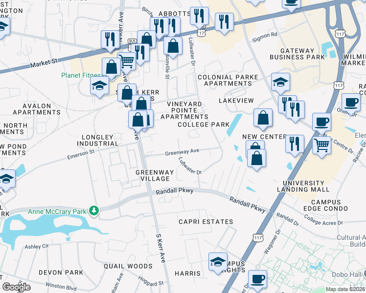 map of restaurants, bars, coffee shops, grocery stores, and more near 218 Cedar Branch Lane in Wilmington