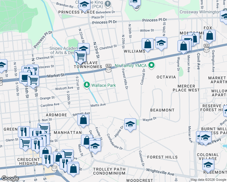 map of restaurants, bars, coffee shops, grocery stores, and more near 121 Keaton Avenue in Wilmington