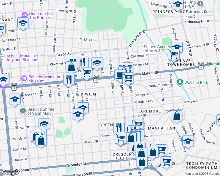 map of restaurants, bars, coffee shops, grocery stores, and more near 1401-1499 Dock St in Wilmington