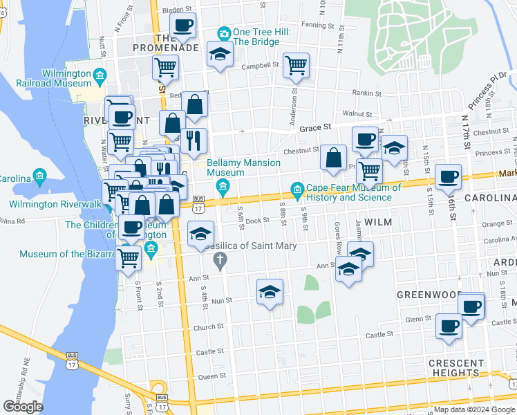 map of restaurants, bars, coffee shops, grocery stores, and more near 601-615 Market St in Wilmington