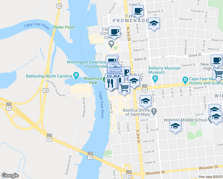 map of restaurants, bars, coffee shops, grocery stores, and more near in Wilmington